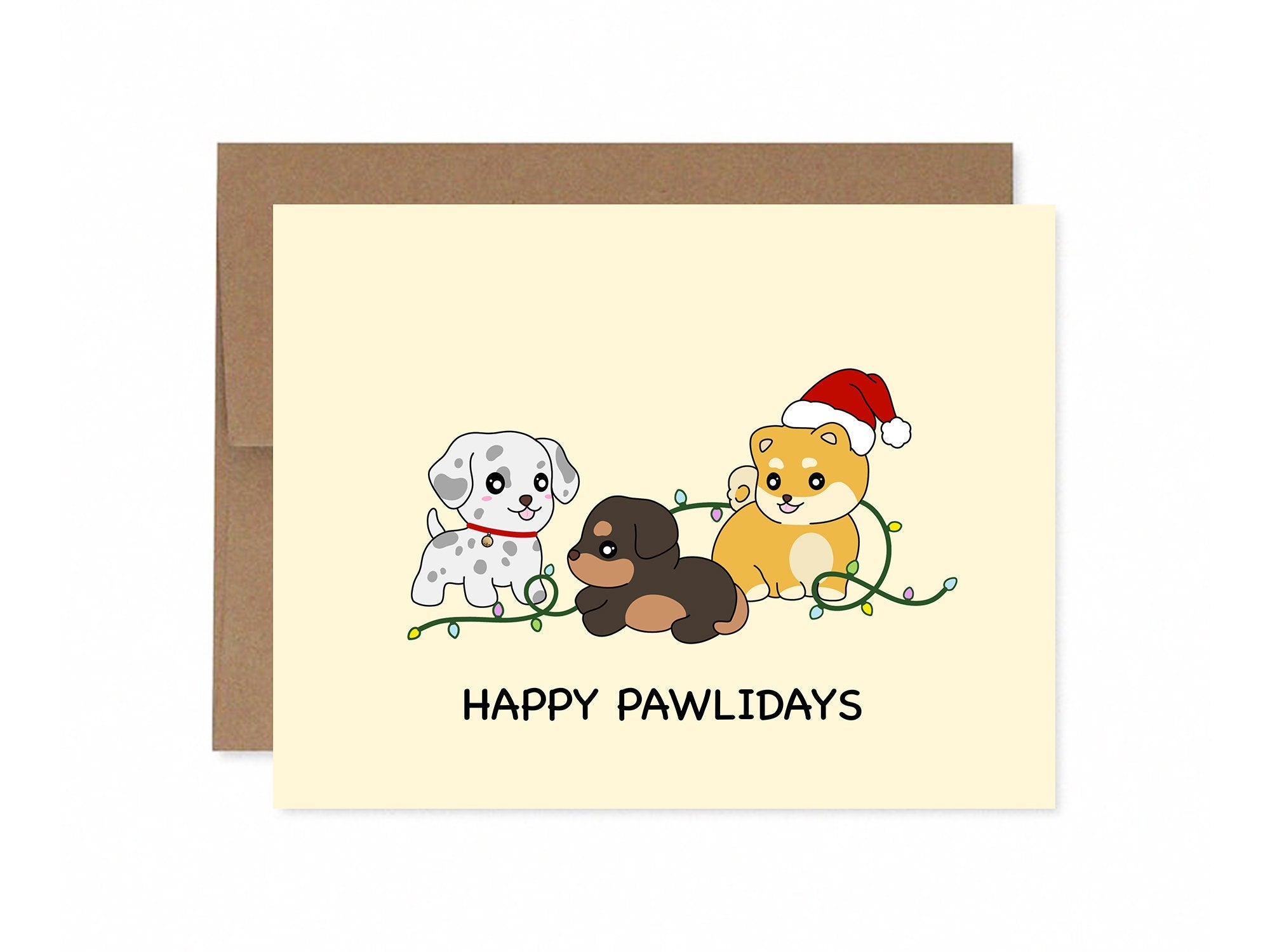 Happy Pawlidays | Cute Puppy Christmas Card Happy Holiday Dog Cards Funny Greeting Card Xmas Gift Kawaii Christmas Cards | Angel + Hare