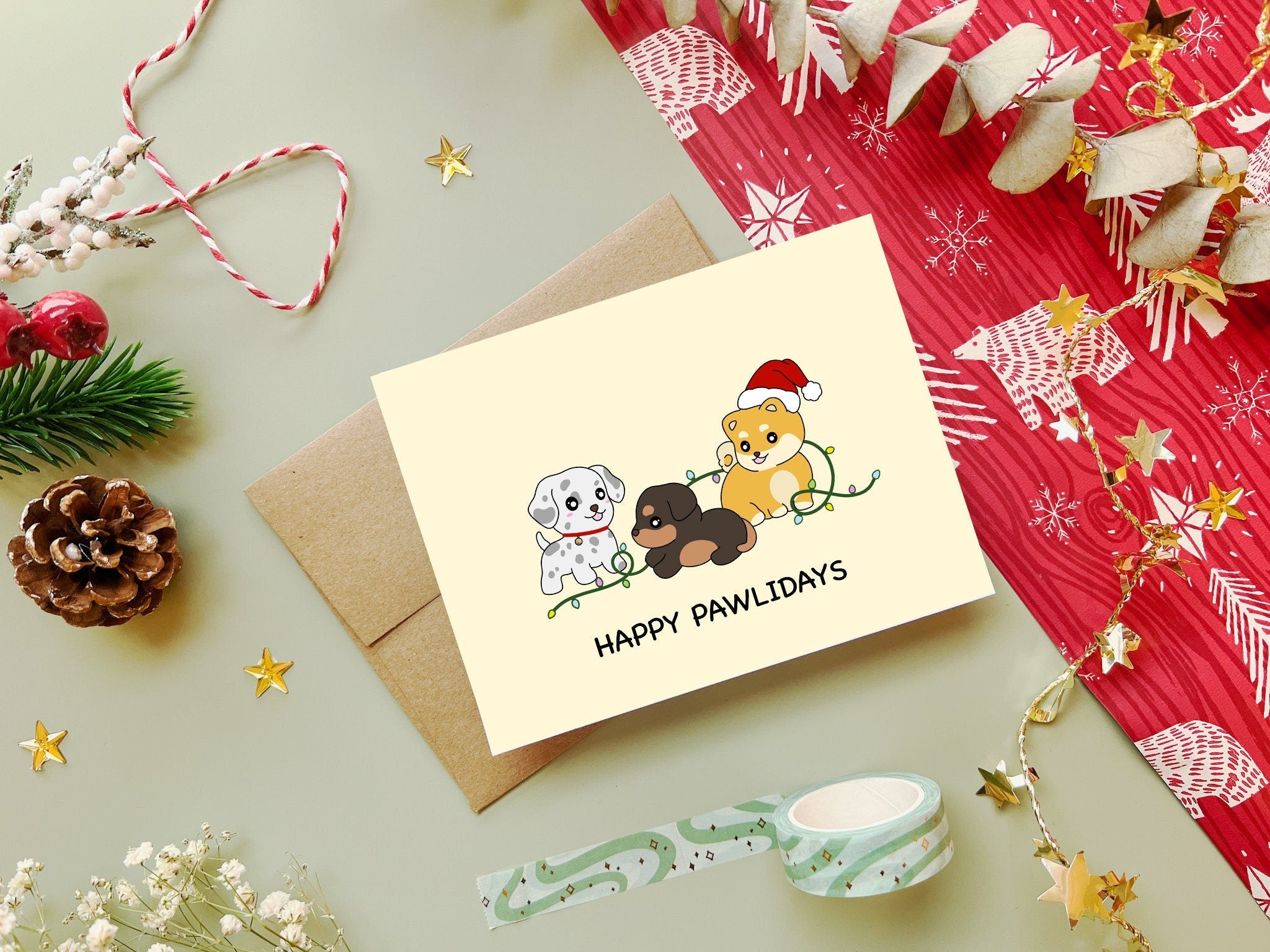Happy Pawlidays | Cute Puppy Christmas Card Happy Holiday Dog Cards Funny Greeting Card Xmas Gift Kawaii Christmas Cards | Angel + Hare