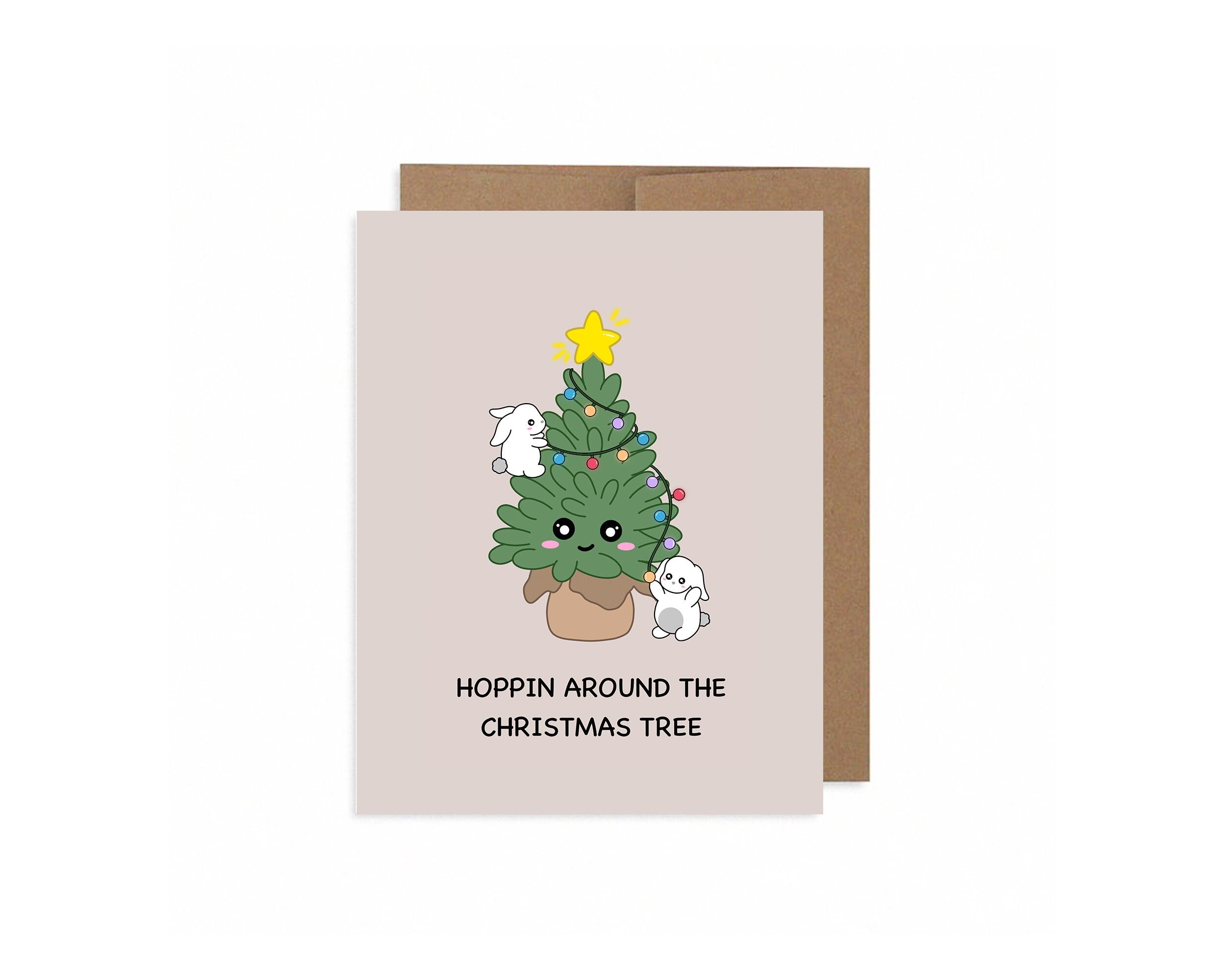 Hoppin Around The Christmas Tree | Cute Bunny Christmas Card Happy Holiday Cards Funny Greeting Card Xmas Gift Kawaii Animal Christmas Tree