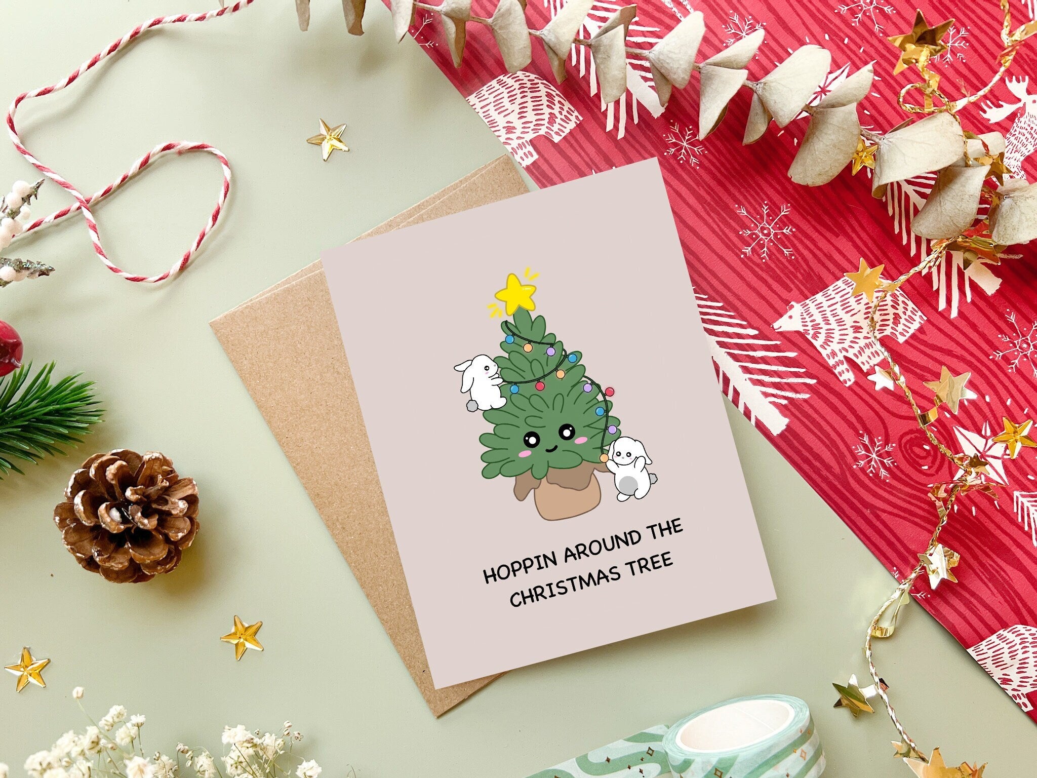 Hoppin Around The Christmas Tree | Cute Bunny Christmas Card Happy Holiday Cards Funny Greeting Card Xmas Gift Kawaii Animal Christmas Tree