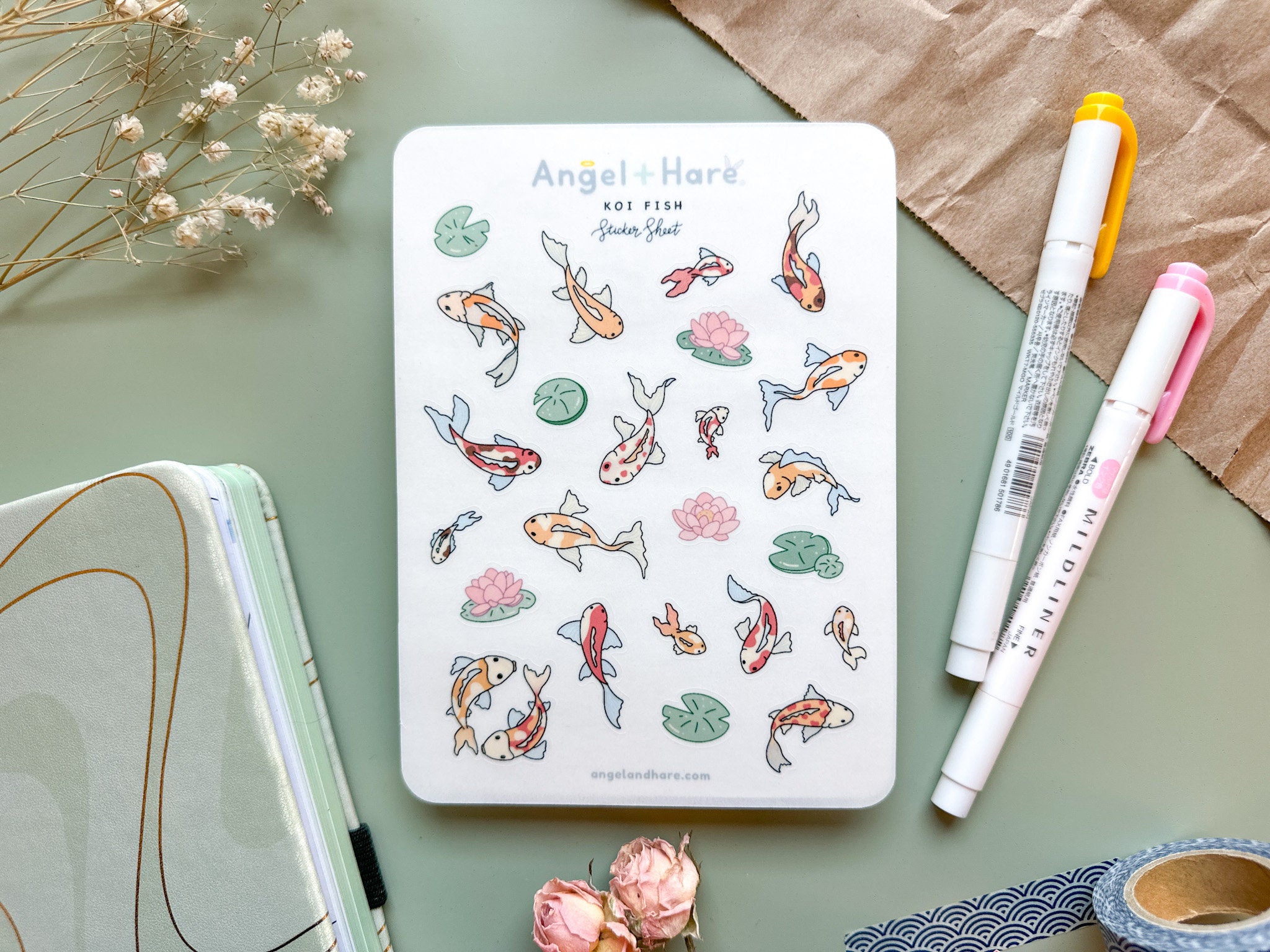 Koi Fish Sticker Sheet | Clear Koi Fish Lotus Flowers Lily Pads Stickers Matte Journal Stickers Transparent Cute Bujo Deco Planner