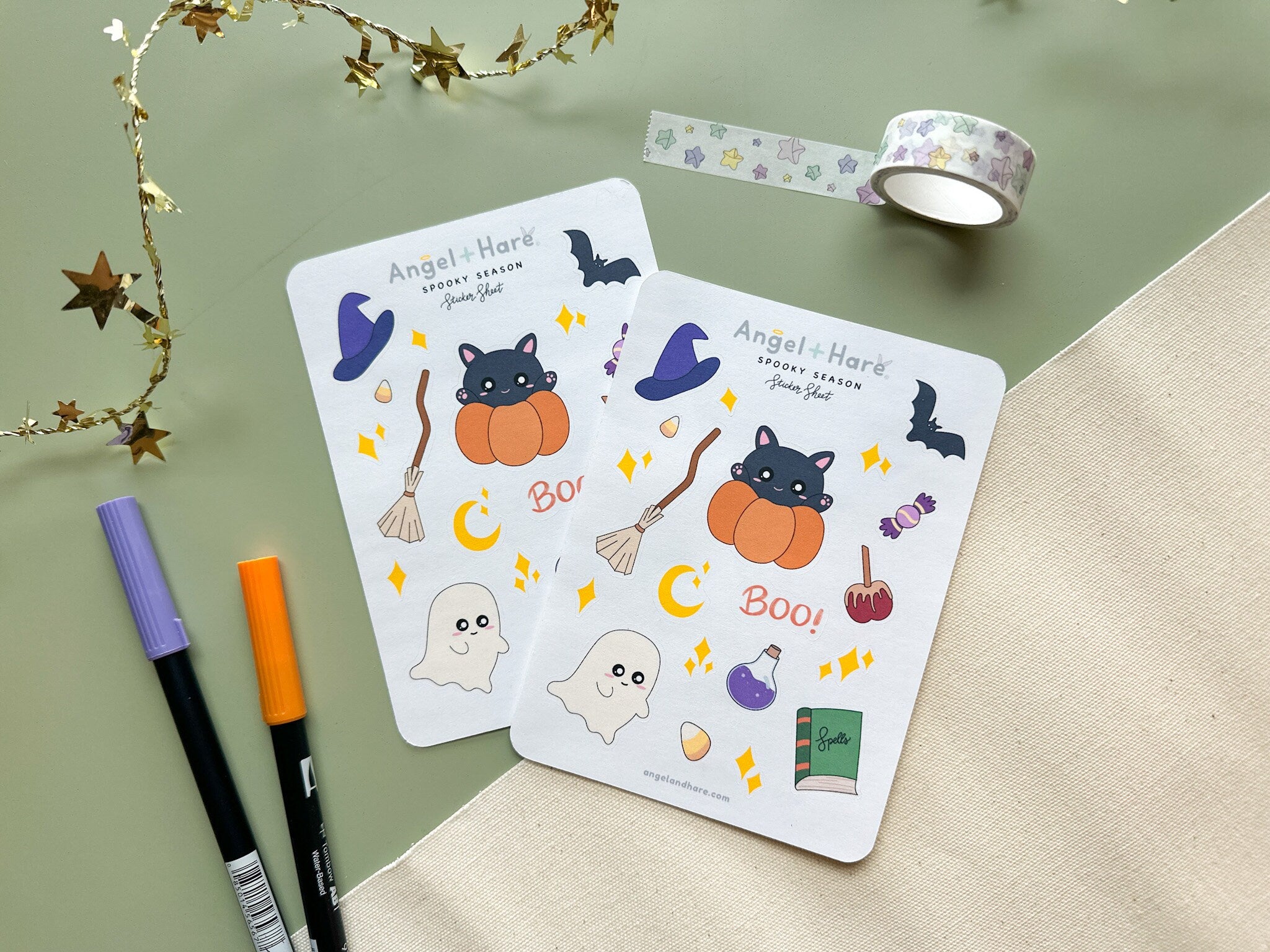 Spooky Season Sticker Sheet | Halloween October Cozy Autumn Vibes Fall Planner Journal Cute Stickers Witch Pumpkin Ghost Deco | Angel + Hare