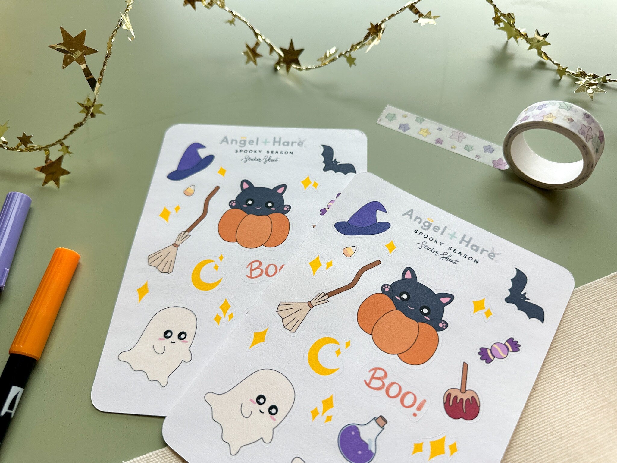 Spooky Season Sticker Sheet | Halloween October Cozy Autumn Vibes Fall Planner Journal Cute Stickers Witch Pumpkin Ghost Deco | Angel + Hare