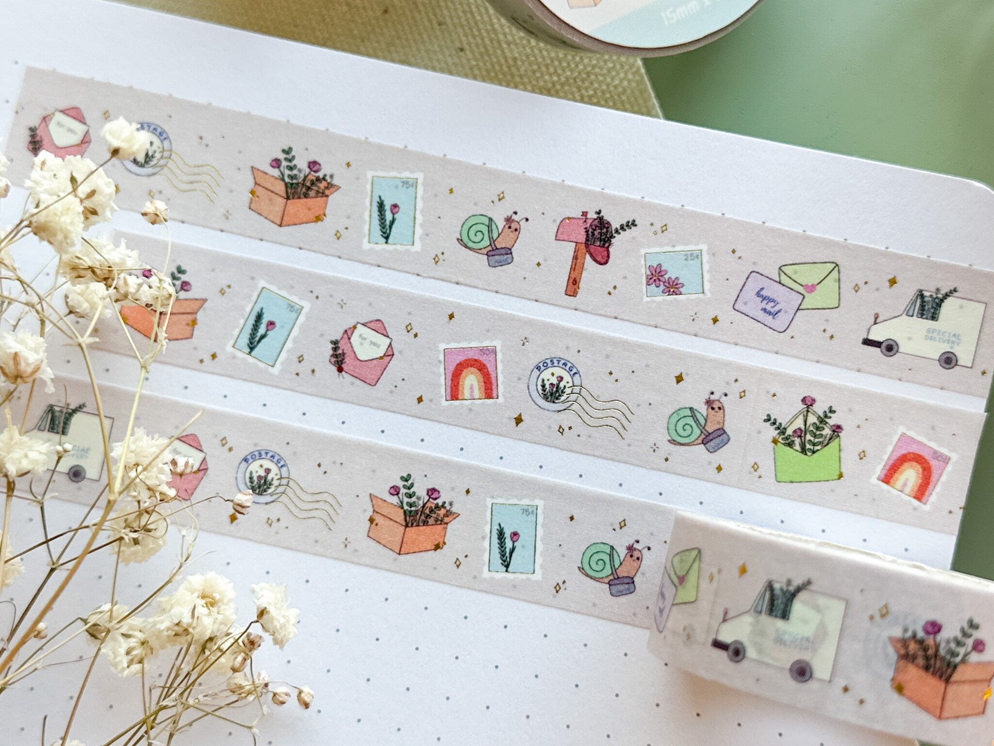 Happy Mail Washi Tape | Gold Foil Journal Washi Tapes Bujo Postage Delivery Letter Mail Cute Sparkle Masking Tape Sticker Planner Deco