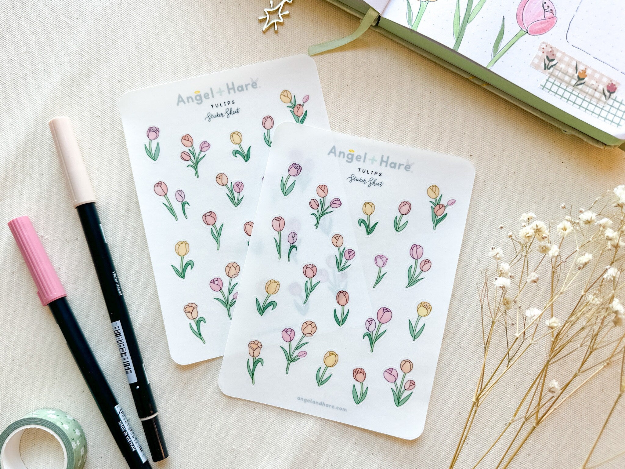 Tulips Sticker Sheet | Clear Spring Flowers Frosted Matte Floral Sticker Line Drawing Botanical Leaves Cute Bullet Journal Deco Stickers
