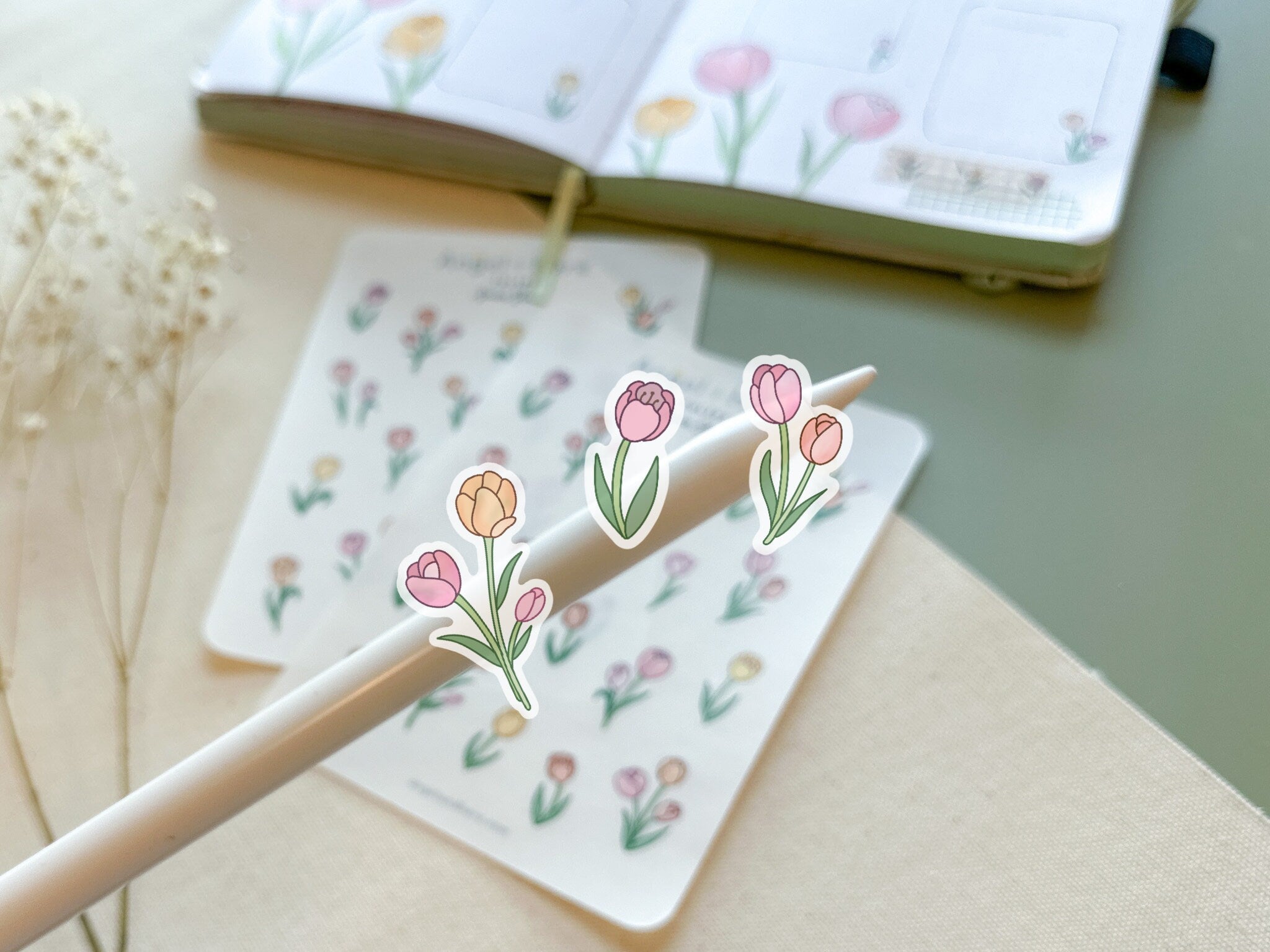Tulips Sticker Sheet | Clear Spring Flowers Frosted Matte Floral Sticker Line Drawing Botanical Leaves Cute Bullet Journal Deco Stickers