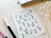 Tulips Sticker Sheet | Clear Spring Flowers Frosted Matte Floral Sticker Line Drawing Botanical Leaves Cute Bullet Journal Deco Stickers