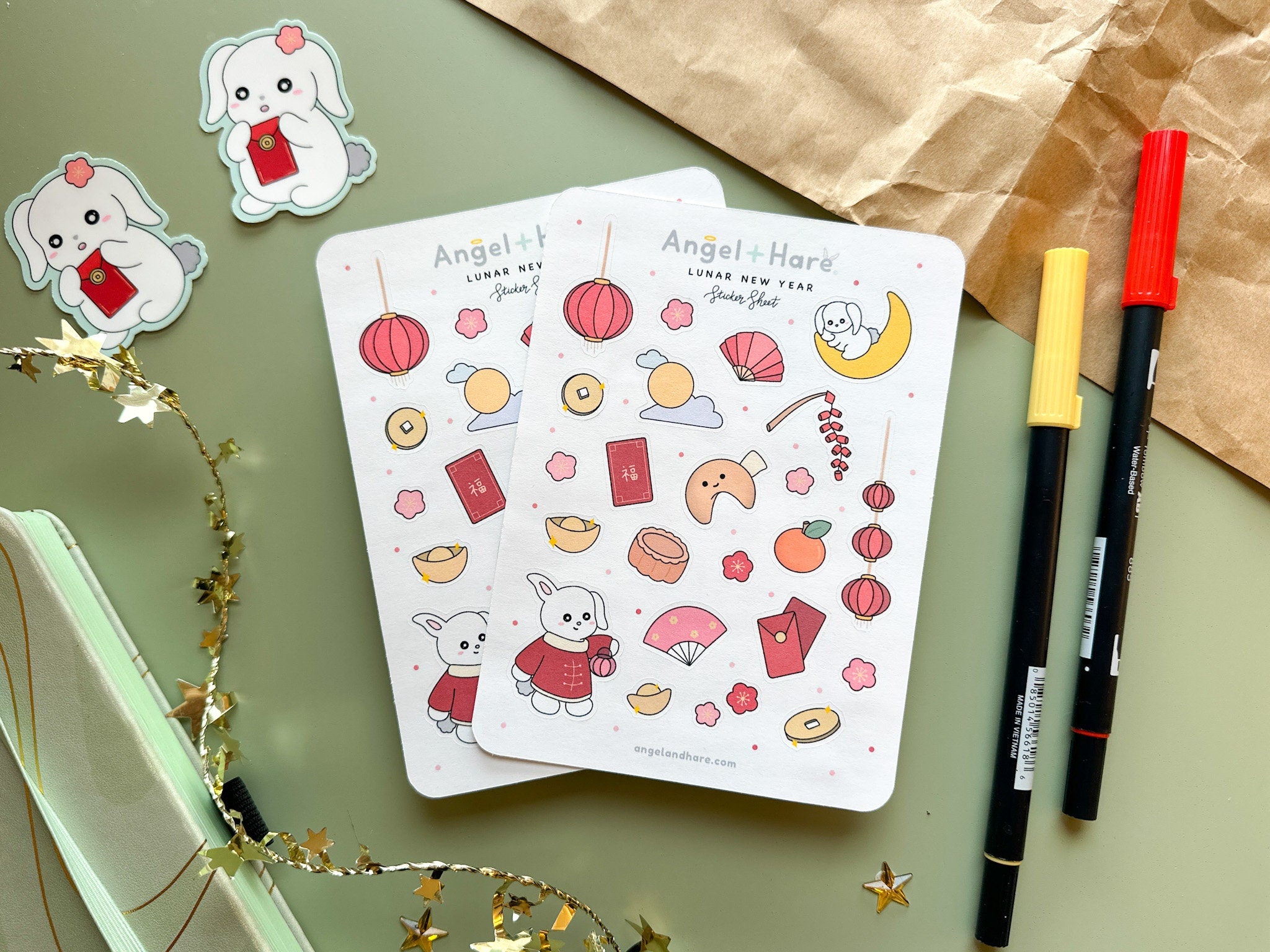 Lunar New Year Sticker Sheet | Chinese New Year Bunny Stickers Sakura Autumn Festival Cute Journal Planner Deco Stickers Lanterns Red Pocket