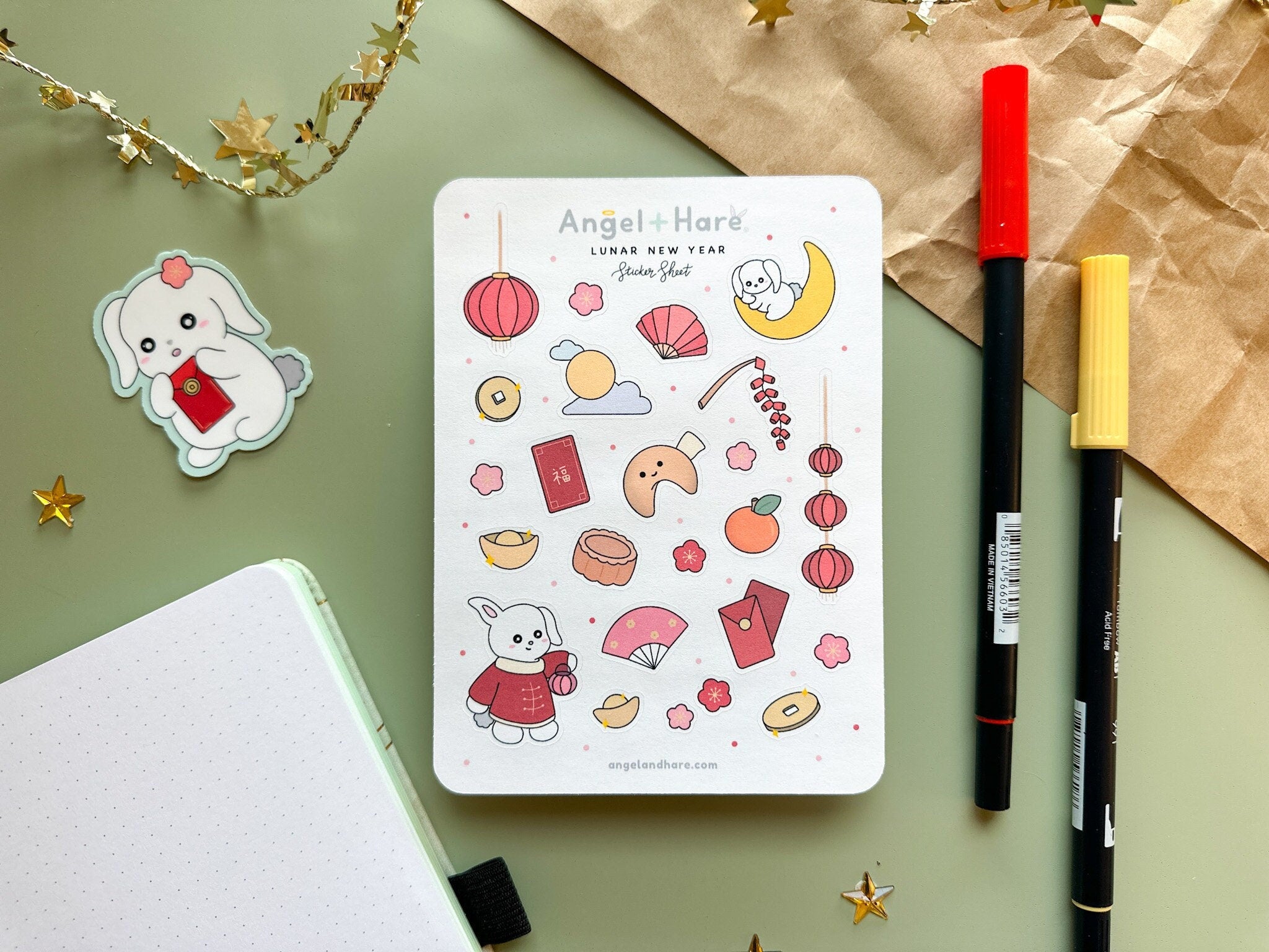 Lunar New Year Sticker Sheet | Chinese New Year Bunny Stickers Sakura Autumn Festival Cute Journal Planner Deco Stickers Lanterns Red Pocket