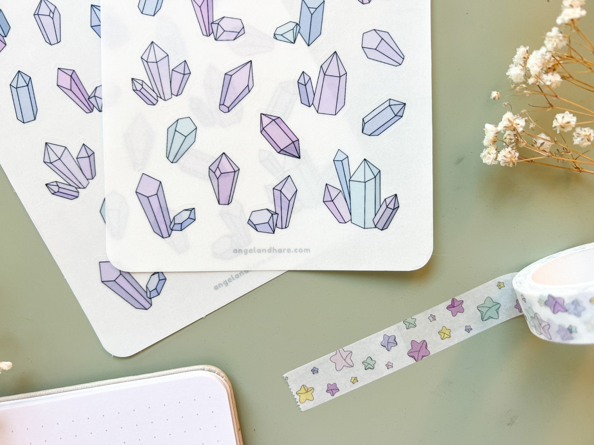 Crystals Sticker Sheet | Clear Matte Journal Planner Stickers Frosted Washi Sticker Metaphysical Crystal Gems Aesthetic Transparent Stickers