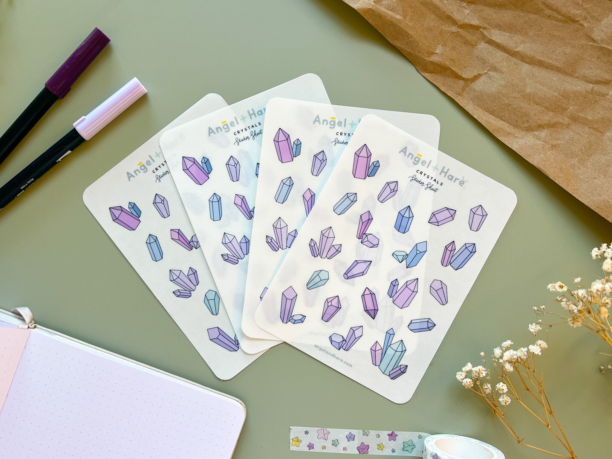 Crystals Sticker Sheet | Clear Matte Journal Planner Stickers Frosted Washi Sticker Metaphysical Crystal Gems Aesthetic Transparent Stickers