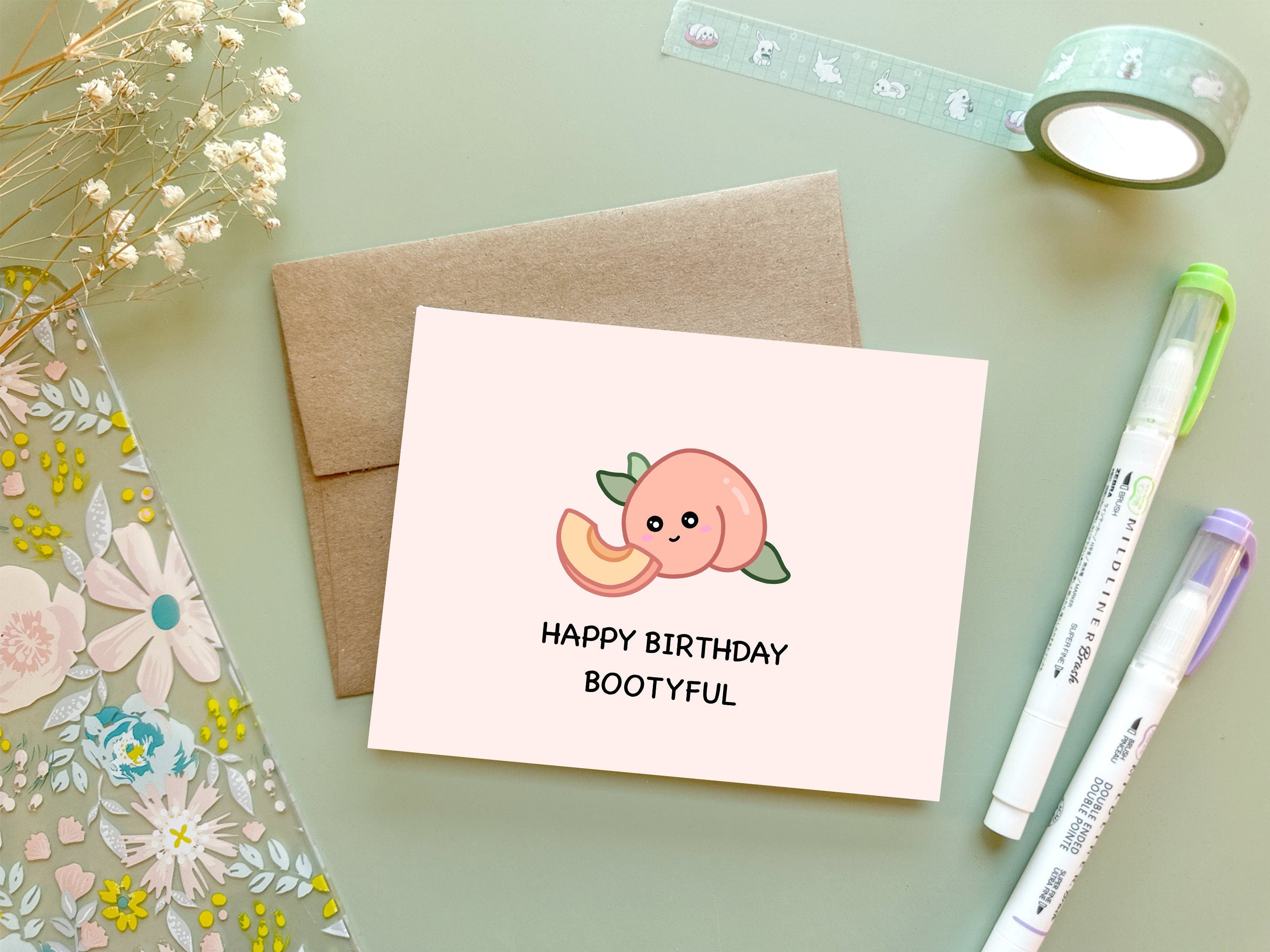 Happy Birthday Bootyful | Funny Birthday Card Cheeky Butt Peach Pun Greeting Card For Girlfriend Boyfriend Gift Peachy Bday | Angel + Hare