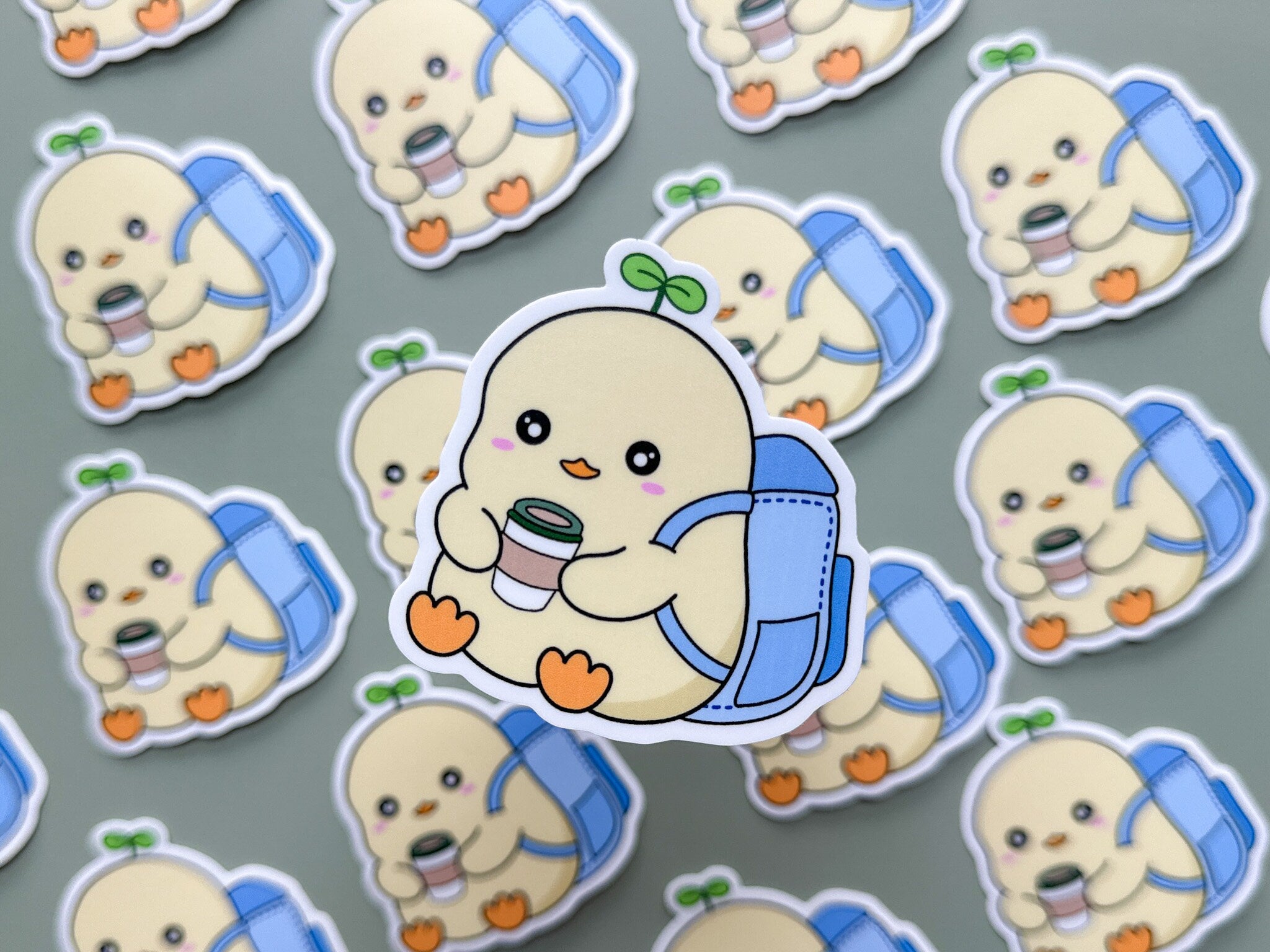 School Ducky Waterproof Sticker | Cute Duck Matte Vinyl Die Cut Laptop Sticker Chubby Duck Sprout Holding Coffee Studious Animal Backpack