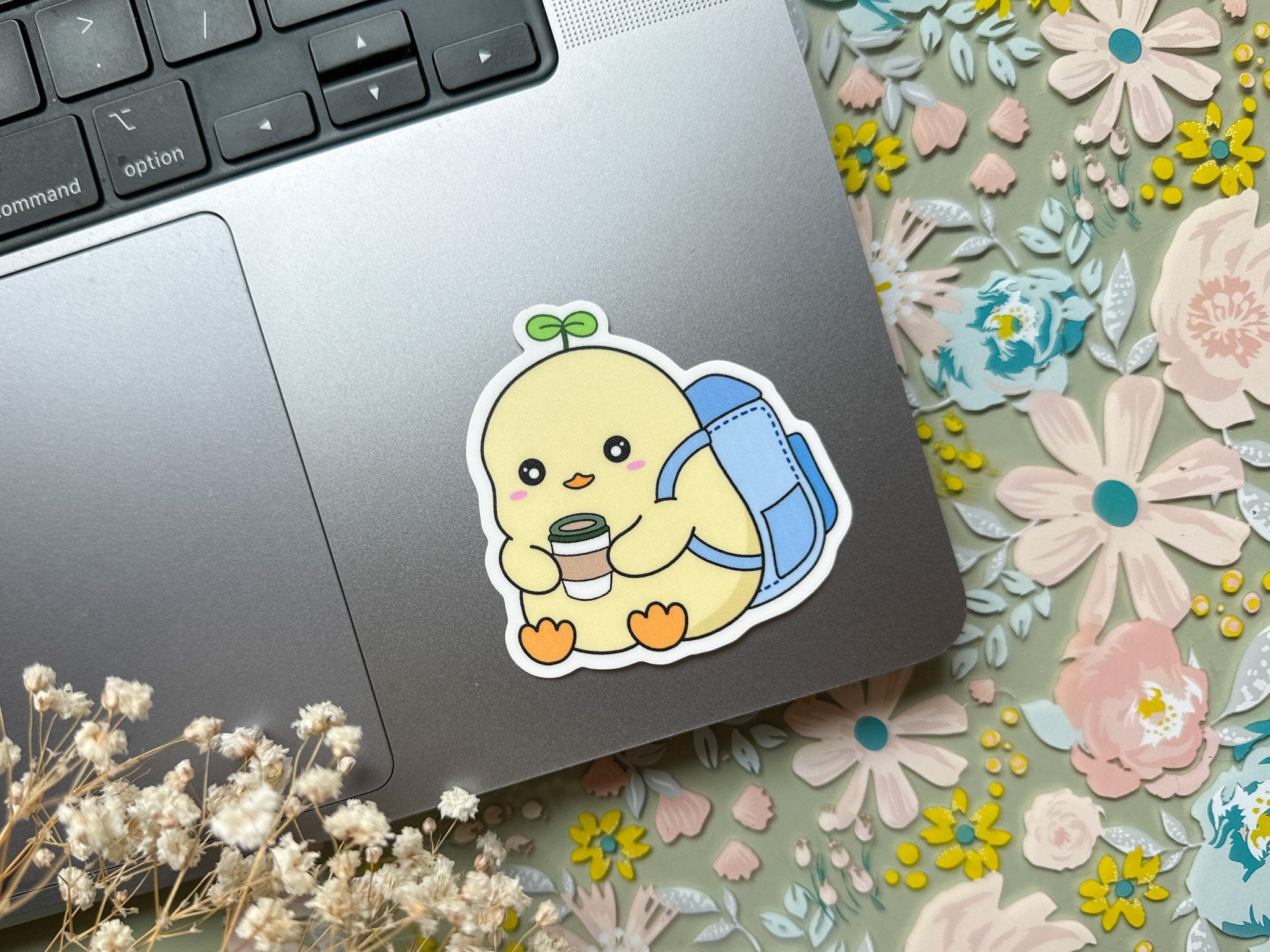 School Ducky Waterproof Sticker | Cute Duck Matte Vinyl Die Cut Laptop Sticker Chubby Duck Sprout Holding Coffee Studious Animal Backpack