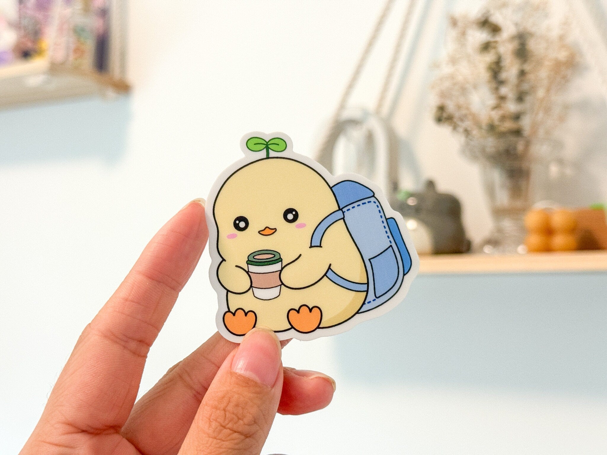 School Ducky Waterproof Sticker | Cute Duck Matte Vinyl Die Cut Laptop Sticker Chubby Duck Sprout Holding Coffee Studious Animal Backpack
