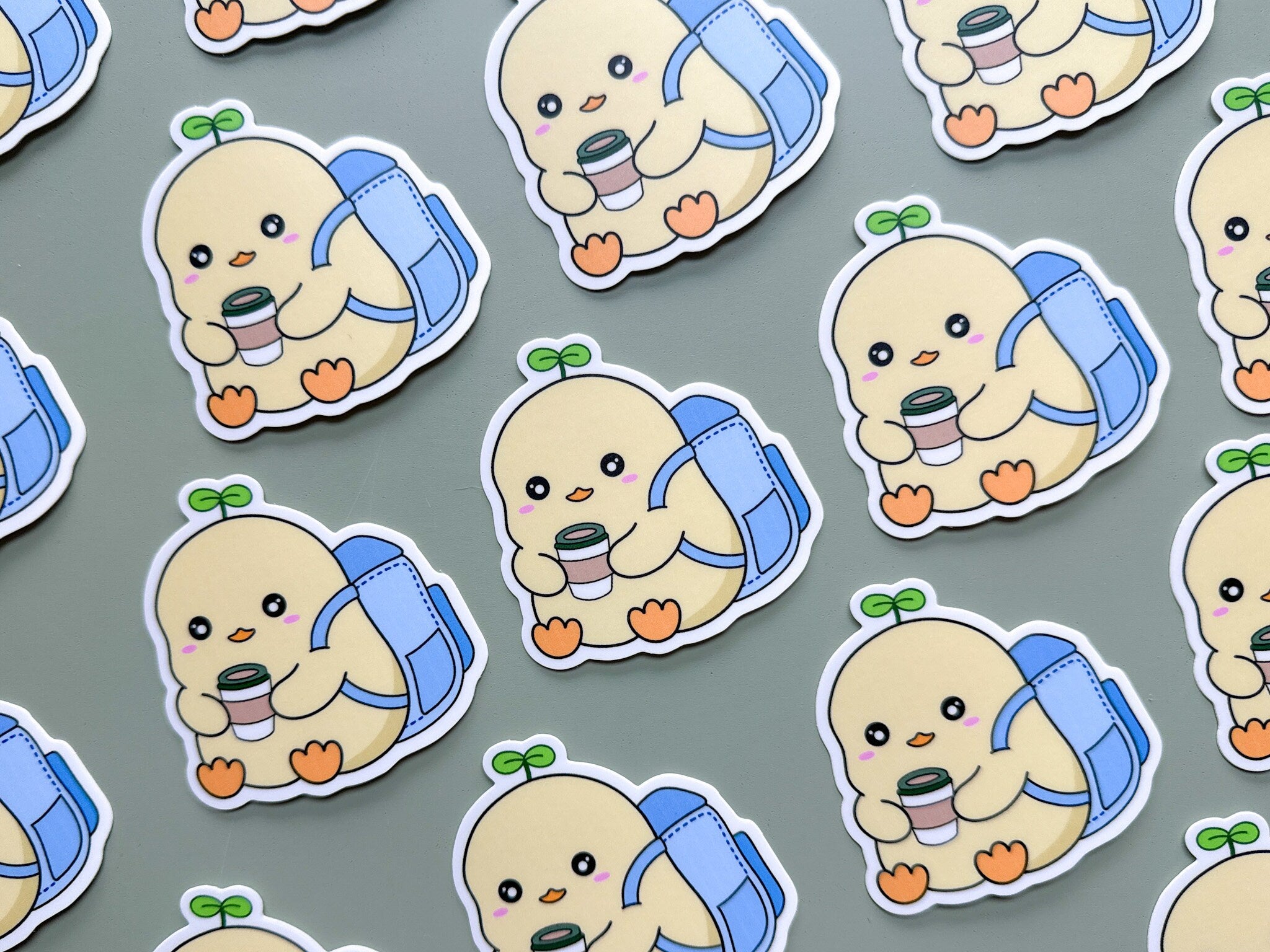 School Ducky Waterproof Sticker | Cute Duck Matte Vinyl Die Cut Laptop Sticker Chubby Duck Sprout Holding Coffee Studious Animal Backpack