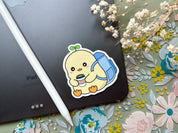 School Ducky Waterproof Sticker | Cute Duck Matte Vinyl Die Cut Laptop Sticker Chubby Duck Sprout Holding Coffee Studious Animal Backpack