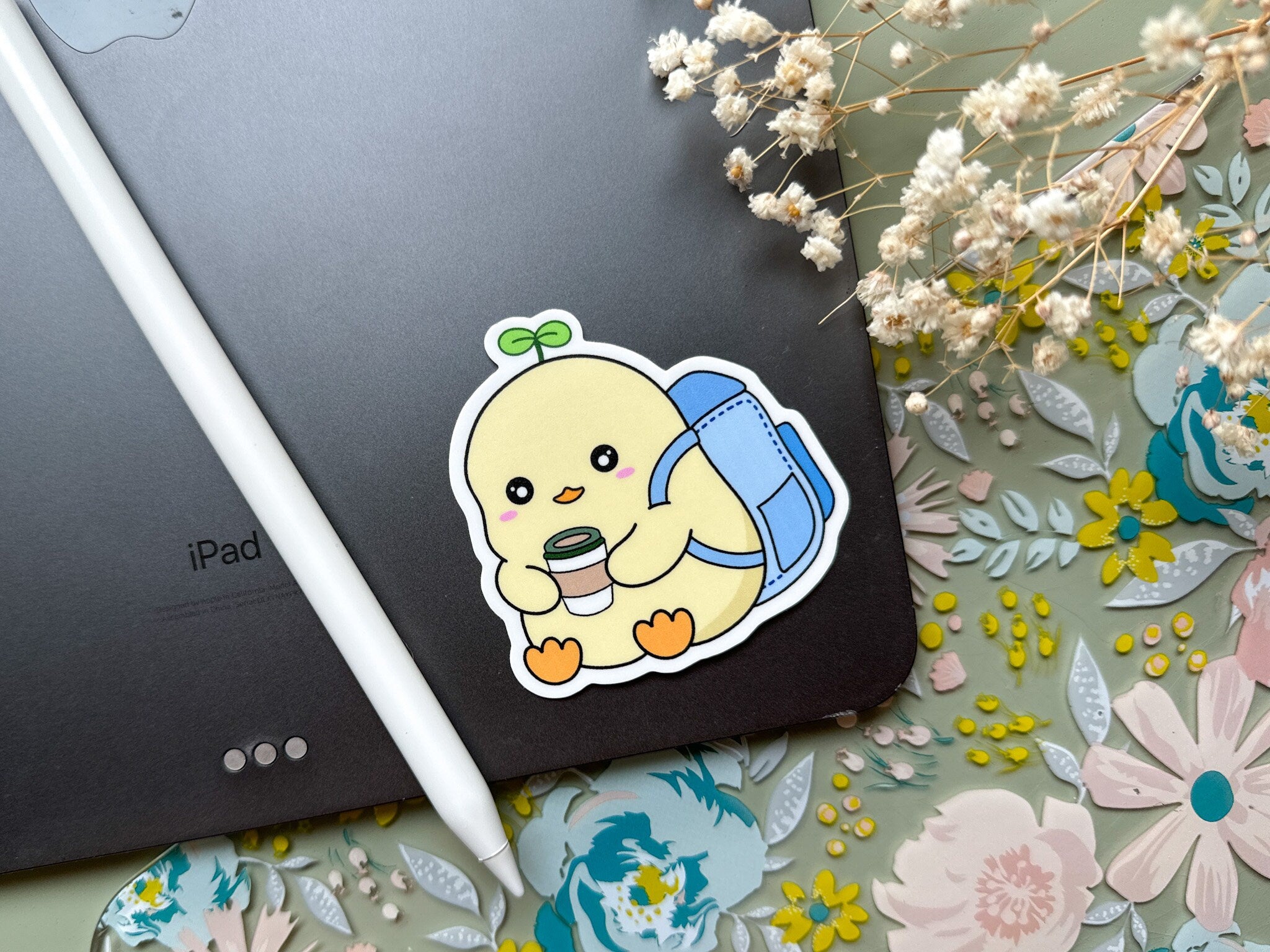 School Ducky Waterproof Sticker | Cute Duck Matte Vinyl Die Cut Laptop Sticker Chubby Duck Sprout Holding Coffee Studious Animal Backpack