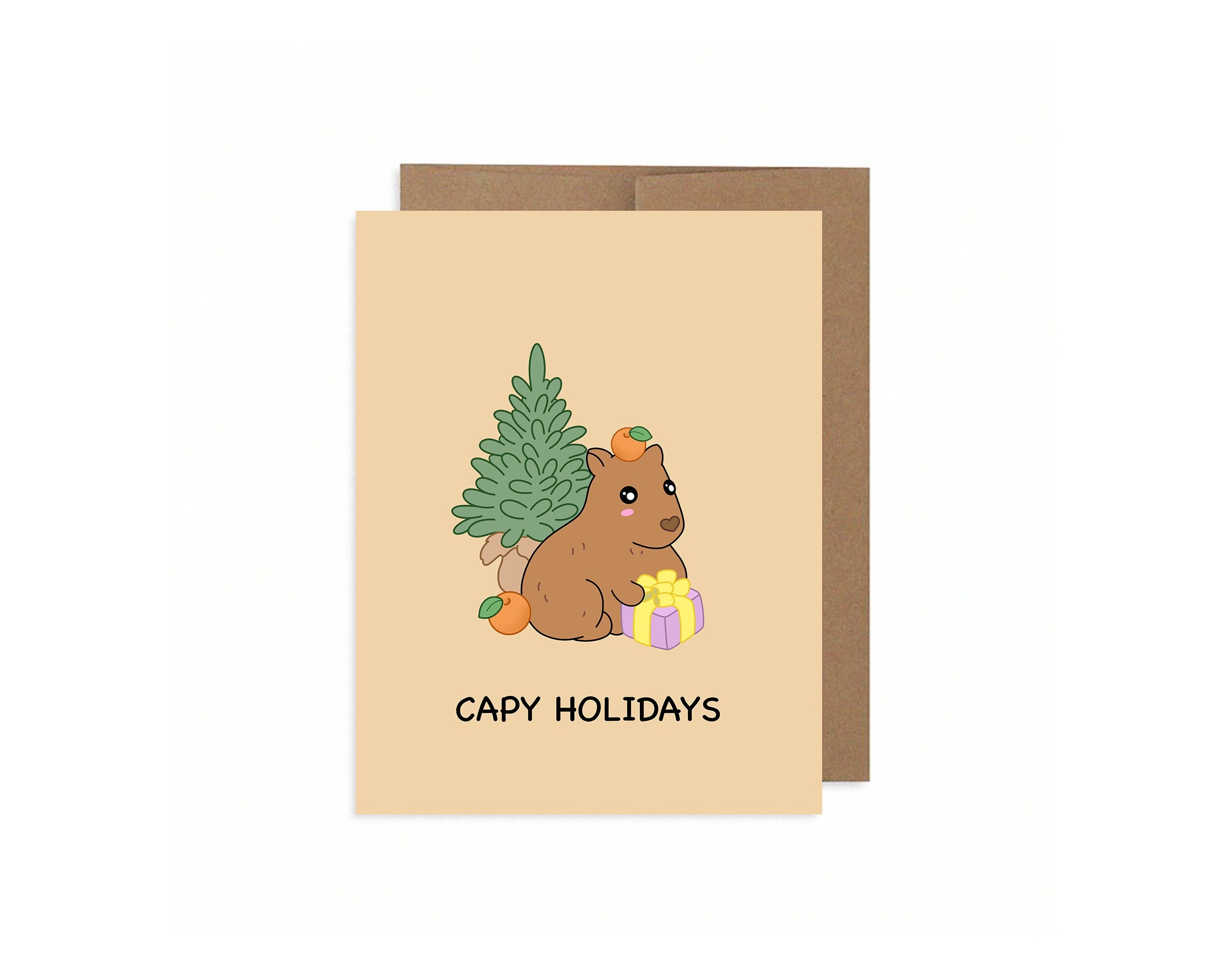 Capy Holidays | Cute Capybara Christmas Card Happy Holiday Cards Funny Pun Greeting Card Xmas Gift Kawaii Animal Cards | Angel + Hare