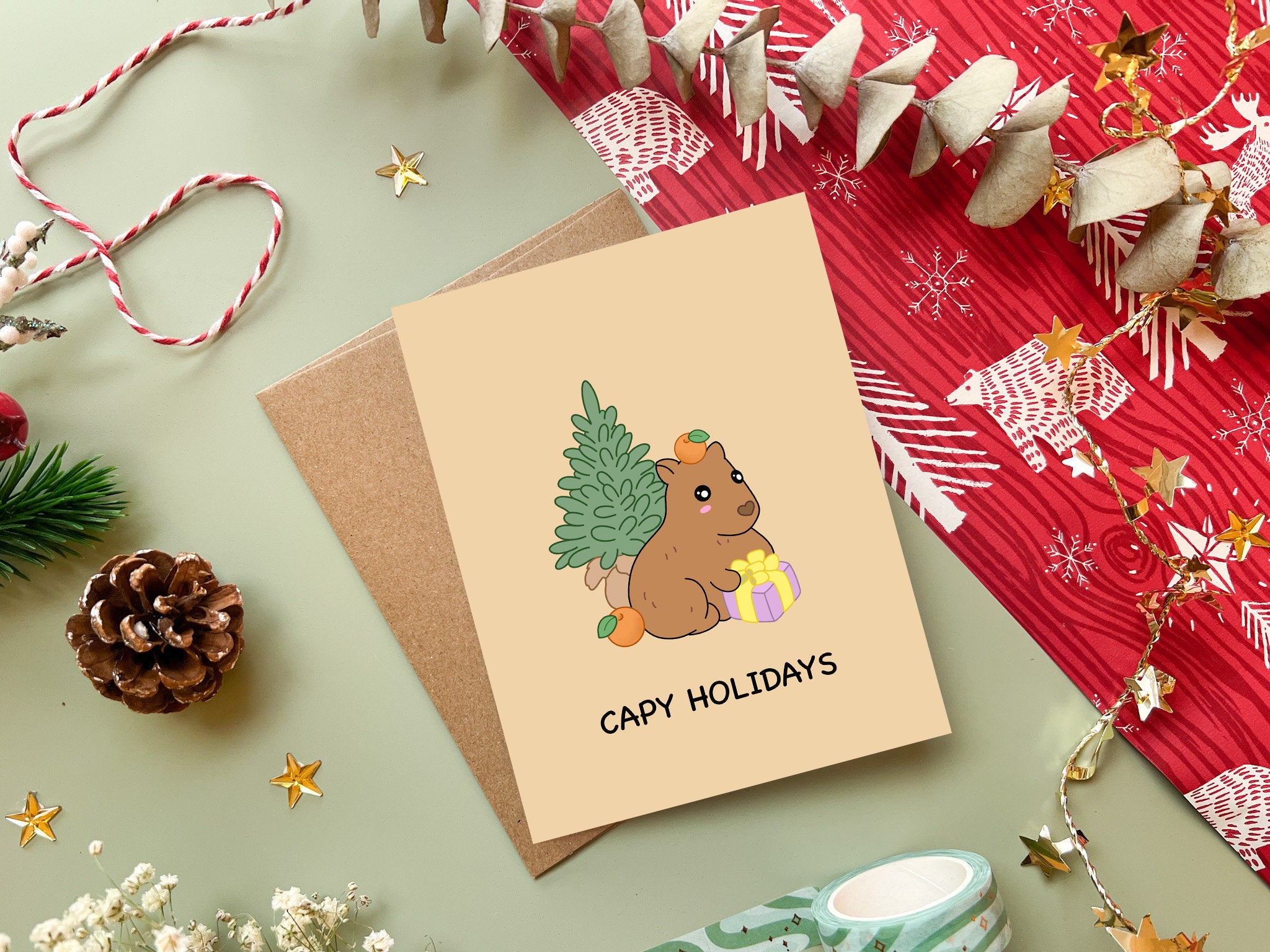 Capy Holidays | Cute Capybara Christmas Card Happy Holiday Cards Funny Pun Greeting Card Xmas Gift Kawaii Animal Cards | Angel + Hare