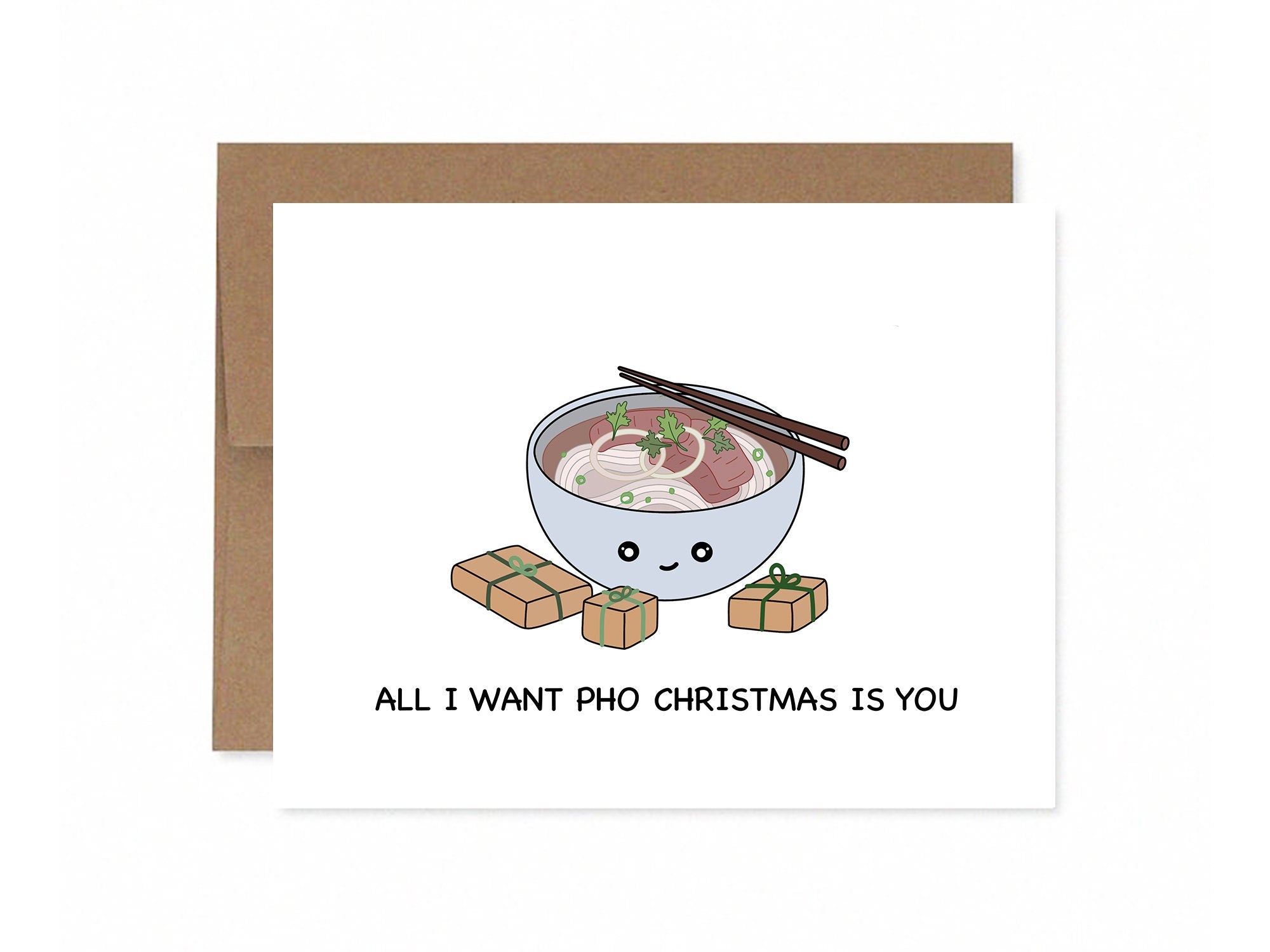 All I Want Pho Christmas Is You | Cute Vietnamese Christmas Card Funny Greeting Card Xmas Gift Kawaii Asian Christmas Cards | Angel + Hare