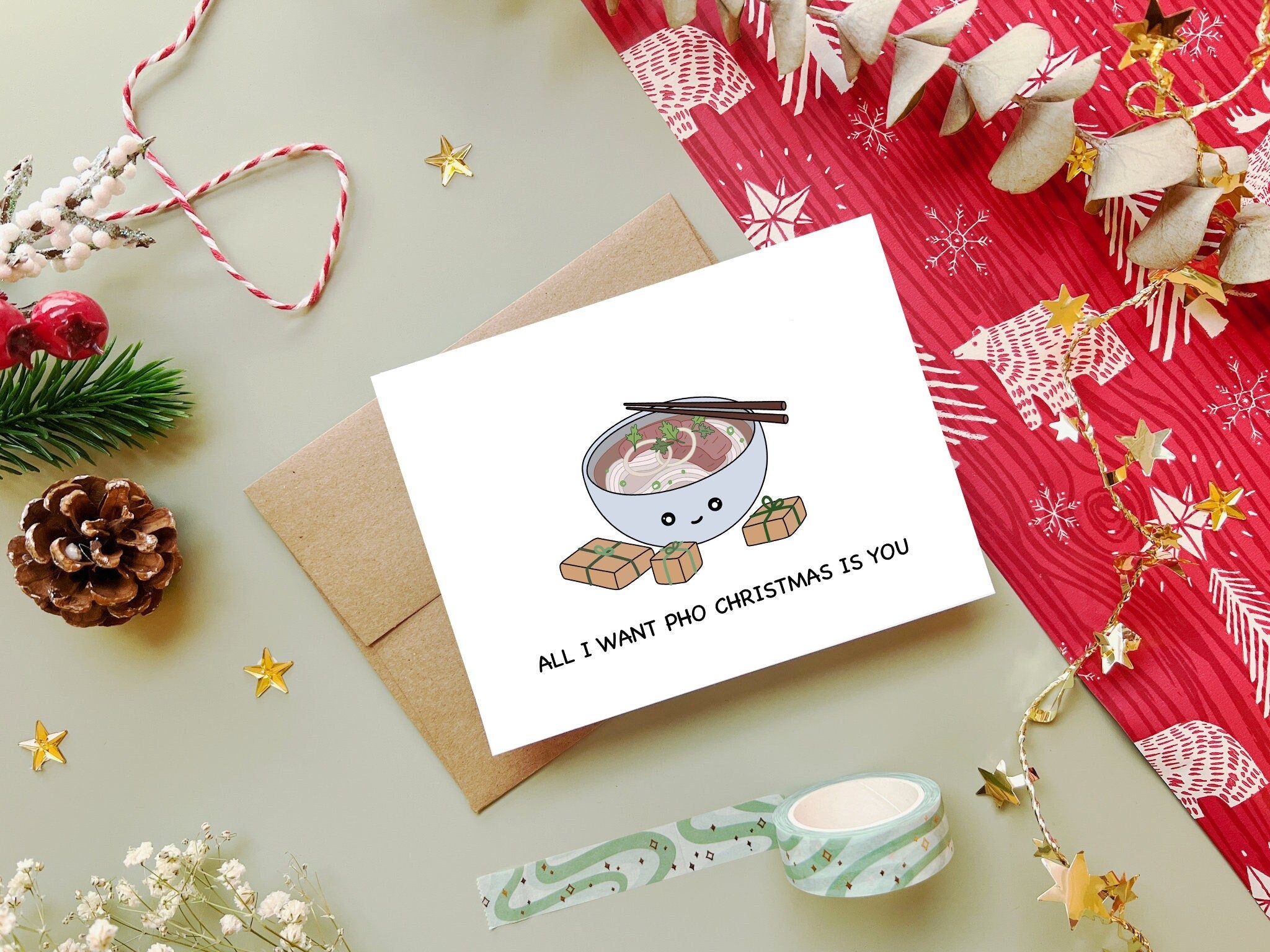 All I Want Pho Christmas Is You | Cute Vietnamese Christmas Card Funny Greeting Card Xmas Gift Kawaii Asian Christmas Cards | Angel + Hare