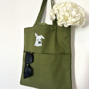 Double Pocket Bunny Tote Bag | Matcha Green Eco-friendly Heavy Duty Canvas Shoulder Bag Cute Bunny Rabbit Farmer's Market Pocketed Tote