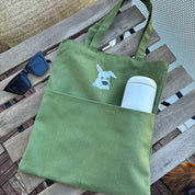 Double Pocket Bunny Tote Bag | Matcha Green Eco-friendly Heavy Duty Canvas Shoulder Bag Cute Bunny Rabbit Farmer's Market Pocketed Tote