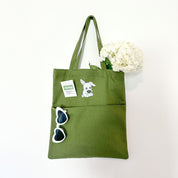 Double Pocket Bunny Tote Bag | Matcha Green Eco-friendly Heavy Duty Canvas Shoulder Bag Cute Bunny Rabbit Farmer's Market Pocketed Tote