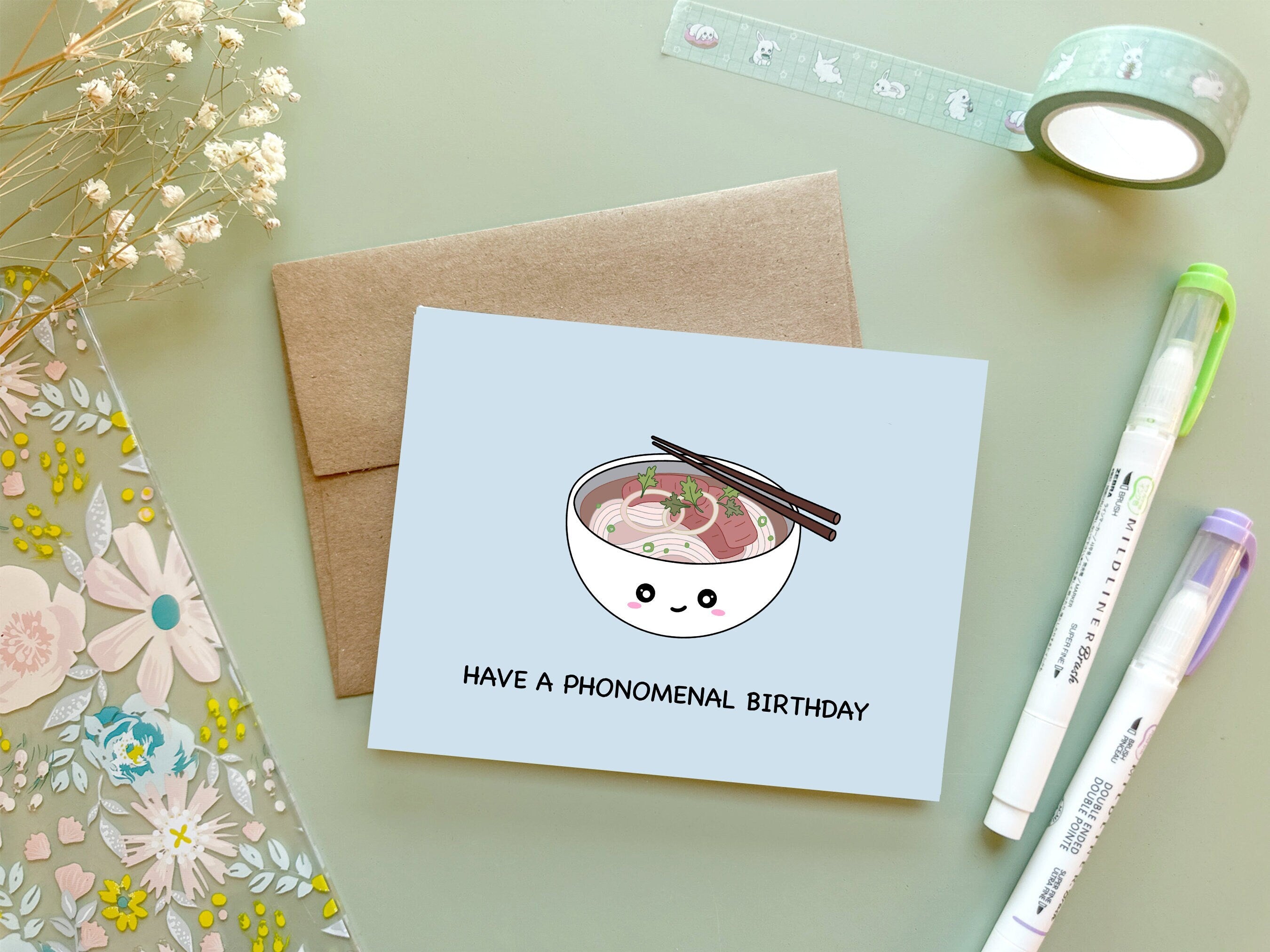Have A Phonomenal Birthday | Happy Birthday Card Pho Noodles Pun Cute Asian Foodie Vietnamese Funny Kawaii Greeting Card | Angel + Hare