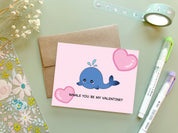 Whale You Be My Valentine? | Vday Card Love Anniversary Cute Whale Narwhal Valentine's Gift Cute Hearts Greeting Card | Angel + Hare